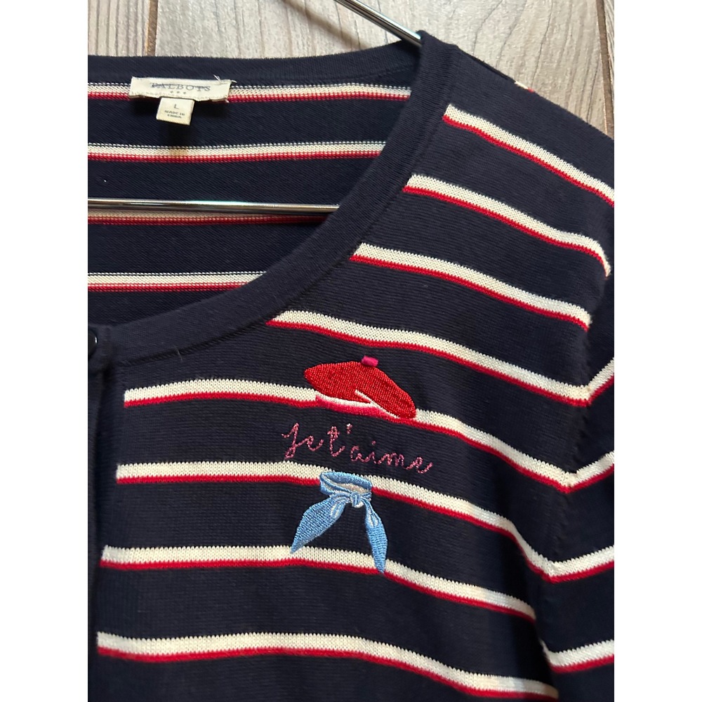 Talbots Womens Navy Striped Je t'aime Embroidered Cotton Cardigan Sweater L - Picture 2 of 4